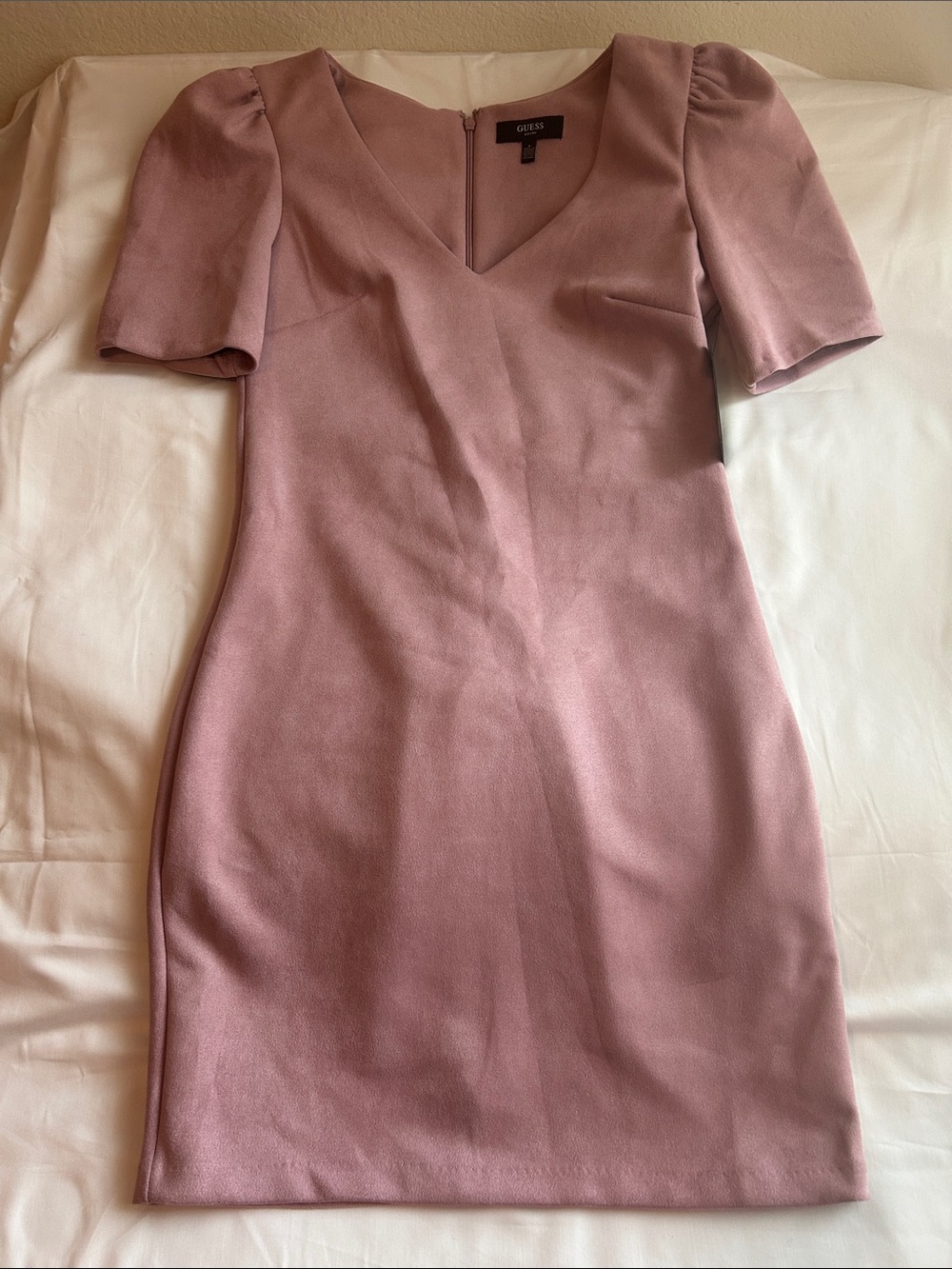 GUESS Dusty Rose V-Neck Mini Dress with Puff Sleeves